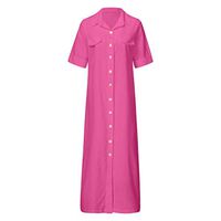HNTDG Women's Fashion Casual Half Sleeve Solid Button Down Linen Loose Shirt Maxi Long Dress Hot Pink
