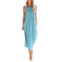 COOKI Women Dresses Casual Loose Sleeveless Oversized Split Maxi Dress Summer Beach Long Dress Plus Size Dress Blue
