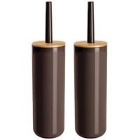 mDesign Compact Freestanding Plastic Toilet Bowl Brush and Holder for Bathroom Storage - Plastic and Bamboo - Sturdy, Deep Cleaning - 2 Pack - Brown/Natural Wood Finish