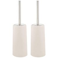 mDesign Modern Compact Freestanding Plastic Toilet Bowl Brush and Holder for Bathroom Storage, Decorative Steel Handle and Lid, Sturdy, Deep Cleaning - 2 Pack - Cream/Brushed