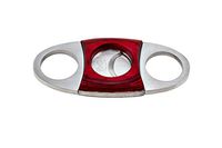 DOS CABALLOS CIGARS RED WOOD VEE HANDLE STAINLESS STEEL CIGAR CUTTER WITH SELF SHARPENING BLADES.