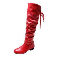Goldweather Women's Knee High Riding Boots Lace Up Strappy Flat Low Heel Winter Boots(Red,8.5)