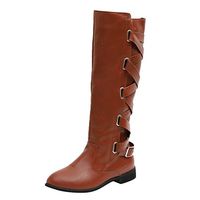 HebeTop Womens Winter Lace Up Strappy Knee High Motorcycle Riding Flat Low Heel Boots Brown