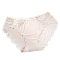 Theoylos Women's Underwear Mid Waist Cotton Briefs Ladies Lace Trim Seamless Panties Soft Ice Silk Underwear Beige