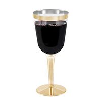 100 Gold Rimmed Disposable Plastic Wine Glasses | Large 10 oz. Premium Clear Hard Plastic Fancy Wine Cups for Weddings & Events (100-Pack) by BloominGoods