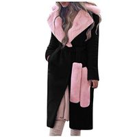 Alangbudu Women Thicken Fluffy Plush Collar Overcoat Belted Cardigan Long Sleeve A Line Windbreaker Tops Long Outwear Black