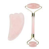 Jade Roller - Delaman Natural Double Head Rose Quartz Stone Jade Messager Roller and Gua Sha Scrapping Plate Face Massage Tool Kit (Color : Rose)
