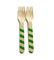 Disposable Wooden Forks with Green Stripes - Fork 158 Green Striped Pattern, 6" (Pack of 48)