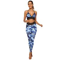 ♛HebeTop♛ Women's 4 Pieces Outfits Yoga Suits with Workout Leggings and Racer Back Sports Bras Tracksuits Blue