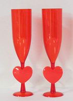 2 Valentine's Day Champagne Flutes, Red Plastic Heart on Stem