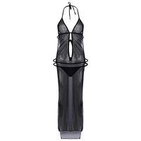 Jocund Women Sexy Lingerie Unique Babydoll Sleepwear Halter Bandage Long Dress Nightwear Briefs Black