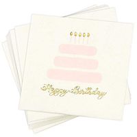 100 Pack Happy Birthday Napkins, 3-ply Gold Foil Disposable Cocktail Paper Napkins, Folded 5 x 5 Inches, Pink and White Cake Design