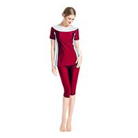 Gojendy Women Splicing Bathing Suit for Muslim Short Sleeves T Shirt Top Swimsuit (M, Red)