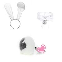 3PCS Lace Bell Collar + Long Rabbit Ears an~AL Plug Cute Plush Bunny Rabbit Tail Party Halloween S~ê~x Costume White Plush Heart Shape and Black Massage Head（S）