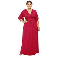 Cliramer Plus Size Short Sleeve Wrap V Neck Belted Empire Waist Bohemian Party Maxi Dress Ladies Summer Holiday Dress Red