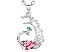 Fashion Womens Peacock Pink Crystal Rhinestone Silver Chain Pendant Necklace - Prom Woman Stylish For gift Simple Lovely Cheap Jewerly Fashionable Beads