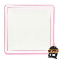 Pack of 100 Pink Rim Disposable Paper Plates, Square 7", Everyday Party Supplies for Appetizer, Lunch, Dinner, or Dessert