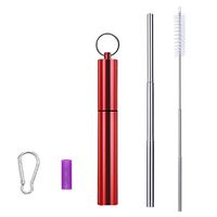 RESTER Reusable Drinking Straw Telescopic Stainless Steel Portable Straw with Metal Keychain Case and Telescopic Brush(Polish-Red)