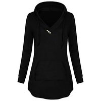 Hypothesis_X Women's Long Sleeve Button V-Neck Pullover Hooded Sweatshirt with Pocket Blouse Black