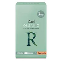 Rael Certified Organic Cotton Menstrual Overnight Pads, Thin Natural Sanitary Napkins with Wings (24 Total), Pack of 3