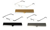 EYE-ZOOM 3 Pack Metal Rimless Reading Glasses with Spring Hinge Lightweight Slim Aluminum Case, Black, Gold and Gunmetal Reader for Comfort Fit Men and Women Choose Your Magnification +1.50