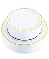 ÉLAN 120 Pack Gold Rim Disposable Plastic Plates for 60 Guests | 60 Dinner and 60 Salad/Dessert Premium White Plates with an Elegant Gold Rim | Ideal for Parties and All Occasions (120, Gold)