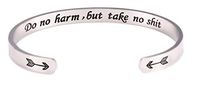 fishhook Personalized Engraved Inspirational Motivational Mantra Quote Arrow Heart Stainless Steel Cuff Bangle Bracelet for Women Girls (Silver, do no harm, but take no Shit)