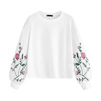 Anxinke Women O-Neck Long Sleeve Botanical Floral Print Sleeve Pullovers Sweatshirt Top(White,S)