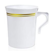 [24 Pack] 8 oz. Plastic Coffee Cup with Handle - White Gold Rim Disposable Tea Cups, Soup, Cappuccino Espresso Mug, Hot or Cold Drinks, Wedding Party, Cafe, Ceramic and Glass Dinnerware Alternative