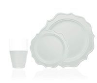 Tiger Chef 144-Pack White Color Round Scalloped Rim Disposable Plastic Plate Set for 48 Guests Includes 48 10-Inch Dinner Plates, 48 8-Inch Salad Plates - BPA-Free