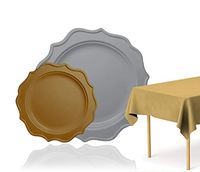 Tiger Chef 49-Pack Silver and Gold Color Round Scalloped Rim Disposable Plastic Plate Set for 24 Guests Includes 24 10-Inch Dinner Plates, 24 8-Inch Salad Plates, 1 Tablecloth - BPA-Free