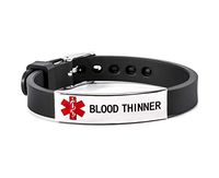 Blood Thinner Medical Alert ID Bracelet Silicone Wristband Black Adjustable Size for Men Women