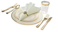" OCCASIONS" 360 pcs / 40 Guest-Full Tableware Set - Wedding Disposable Plastic Plates Silverware, Clear Tumblers & Linen Feel Napkins w/Metal Napkin Rings (Combo D, Ivory & Gold Rim)