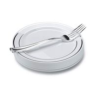 " OCCASIONS" Wedding Party Heavyweight Disposable Plastic 6.25'' Silver Rim Plates + Forks set (Dessert/Cake Setting, 60 Settings)