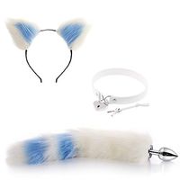 Cat Ears Headband Fluffy Faux Fox Tail Charms Role Play Costume Party Cosplay Prop with Love Lock Collar（ White and Blue）-M