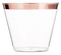 100 Rose Gold Plastic Cups | 9 oz. Elegant Plastic Tumblers | Clear with Rose Gold Rim | Perfect for Weddings, Showers, Picnics, Parties, Proms | Heavy Duty, BPA-free, Disposable