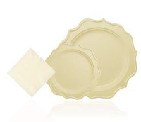 Tiger Chef 144-Pack Ivory Cream Color Round Scalloped Rim Disposable Plastic Plate Set for 48 Guests Includes 48 10-Inch Dinner Plates, 48 8-Inch Salad Plates, 48 Beverage Napkins - BPA-Free