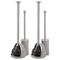 mDesign Modern Slim Compact Freestanding Plastic Toilet Bowl Brush Cleaner and Plunger Combo Set Kit with Holder Caddy for Bathroom Storage and Organization - Covered Lid Brush, 2 Pack - Gray