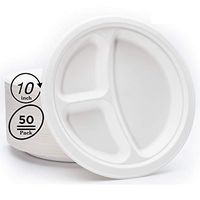 Mexago Disposable Plates with 3 Compartment - 10 inch | 50 Count - Natural Alternative to Paper Plate | Made of Sugarcane Bagasse