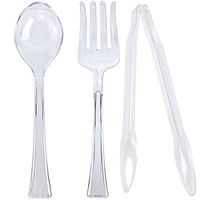 TigerChef Clear Heavy Duty Disposable Plastic Set Of 12 Serving Utensils 4 Serving Spoons 11.5 Inch, 4 Serving Forks 11.5 Inch, 4 Serving Tongs 12 Inch (Serving Set, Clear)