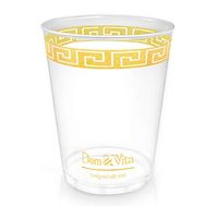 Dom & Vita 10 oz Gold Plastic Cups Bulk |Quality Crystal Clear Tumblers with Beautiful Patterned Gold Rim | Disposable Gold Rimmed Birthday Bar Wedding Cups | Reusable Party Decorations (16)