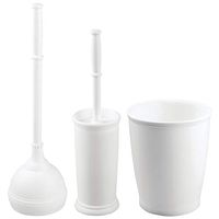 mDesign Modern Plastic Bathroom Storage and Cleaning Accessory Set - Includes Toilet Plunger with Cover, Freestanding Toilet Bowl Brush and Holder, Small Round Wastebasket, Set of 3 - White