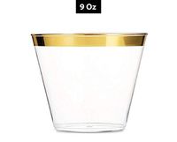 Premium 9 Oz Gold Rimmed Disposable Clear Plastic Cups - 9oz - 100 Pack - Events, Weddings and Party Tumblers (Gold Trim) | Stylish Party Tableware Accessory | 1.2 mm Gold Rim