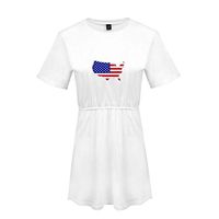 Women's July 4th American Flag Printed Fashion Short Sleeve Dress O-Ncek Casual T-Shirt Dress White