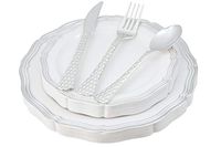 White and Silver Plastic Plates & Cutlery Set, 100 Piece Elegant Disposable Dinnerware & Silverware Set| Service for 20|Includes 20 Dinner & Salad Plates, 20 Forks, Spoons, Knives - Posh Setting