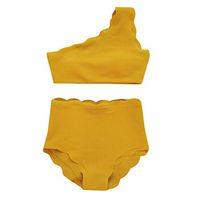 Theoylos Women's Swimsuits Solid Wavy Edge One-Shoulder Bikini Set Ladies High Waist Bathing Suits Solid Color Tankini Yellow