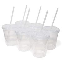 Rolling Sands 16oz Reusable Plastic Stadium Clear Cups with Lids, 6 Pack, USA Made. BPA-Free Dishwasher Safe Plastic Tumblers and Lids, Includes 6 Reusable Straws
