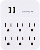 GE USB Charging Station Surge Protector Outlet Adapter, 6 Outlets, 2 USB ports, Wall Tap, Protected Indicator Light, 3 Prong, 560 Joules, 2.1A USB, UL Listed, White, 36735