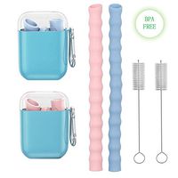 ZALU Collapsible Boba Silicone Straws - Portable Smoothie Straws Reusable, Final Drinking Straw Set with Cleaning Brush & Case (Blue, Pink)