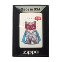 Zippo Custom Lighter - White Matte Super Hero Cat Drawing